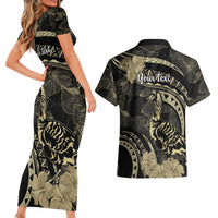 Personalised Hawaii Nene Goose Couples Matching Short Sleeve Bodycon Dress and Hawaiian Shirt Hawaiian Map Hibiscus Polynesian Art - Beige LT14 - Polynesian Pride