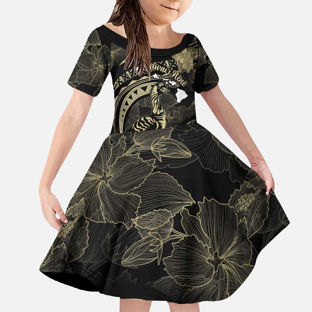Personalised Hawaii Nene Goose Family Matching Mermaid Dress and Hawaiian Shirt Hawaiian Map Hibiscus Polynesian Art - Beige LT14 Daughter's Dress Beige - Polynesian Pride