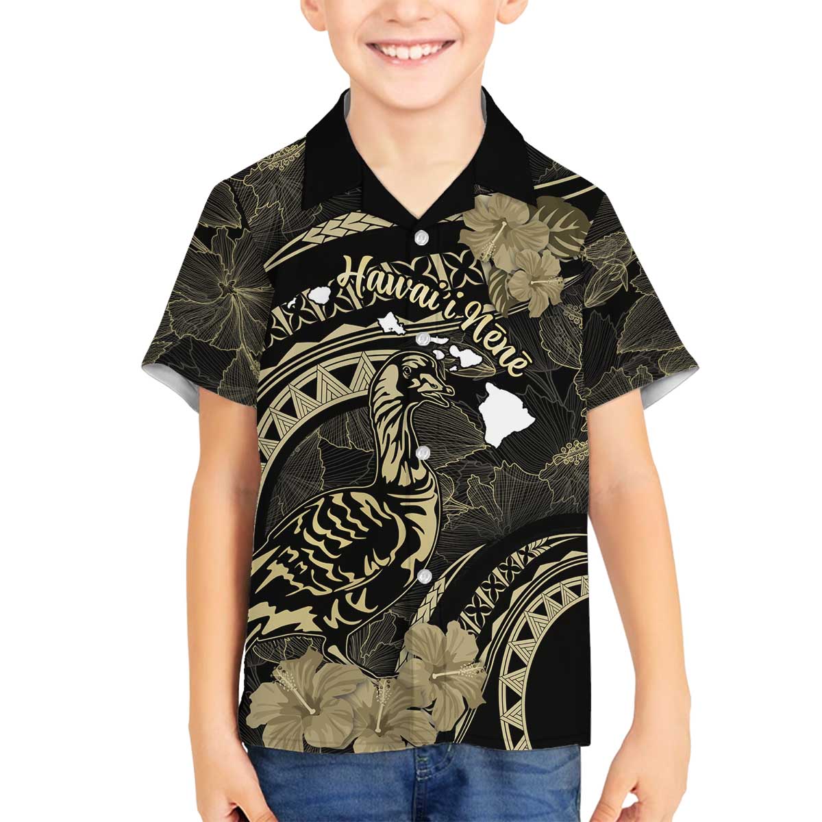 Personalised Hawaii Nene Goose Family Matching Puletasi and Hawaiian Shirt Hawaiian Map Hibiscus Polynesian Art - Beige LT14 Son's Shirt Beige - Polynesian Pride