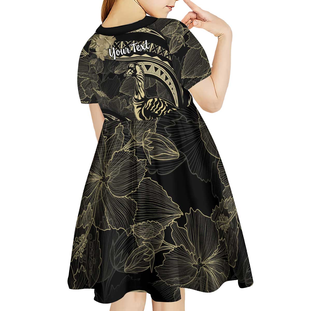 Personalised Hawaii Nene Goose Kid Short Sleeve Dress Hawaiian Map Hibiscus Polynesian Art - Beige