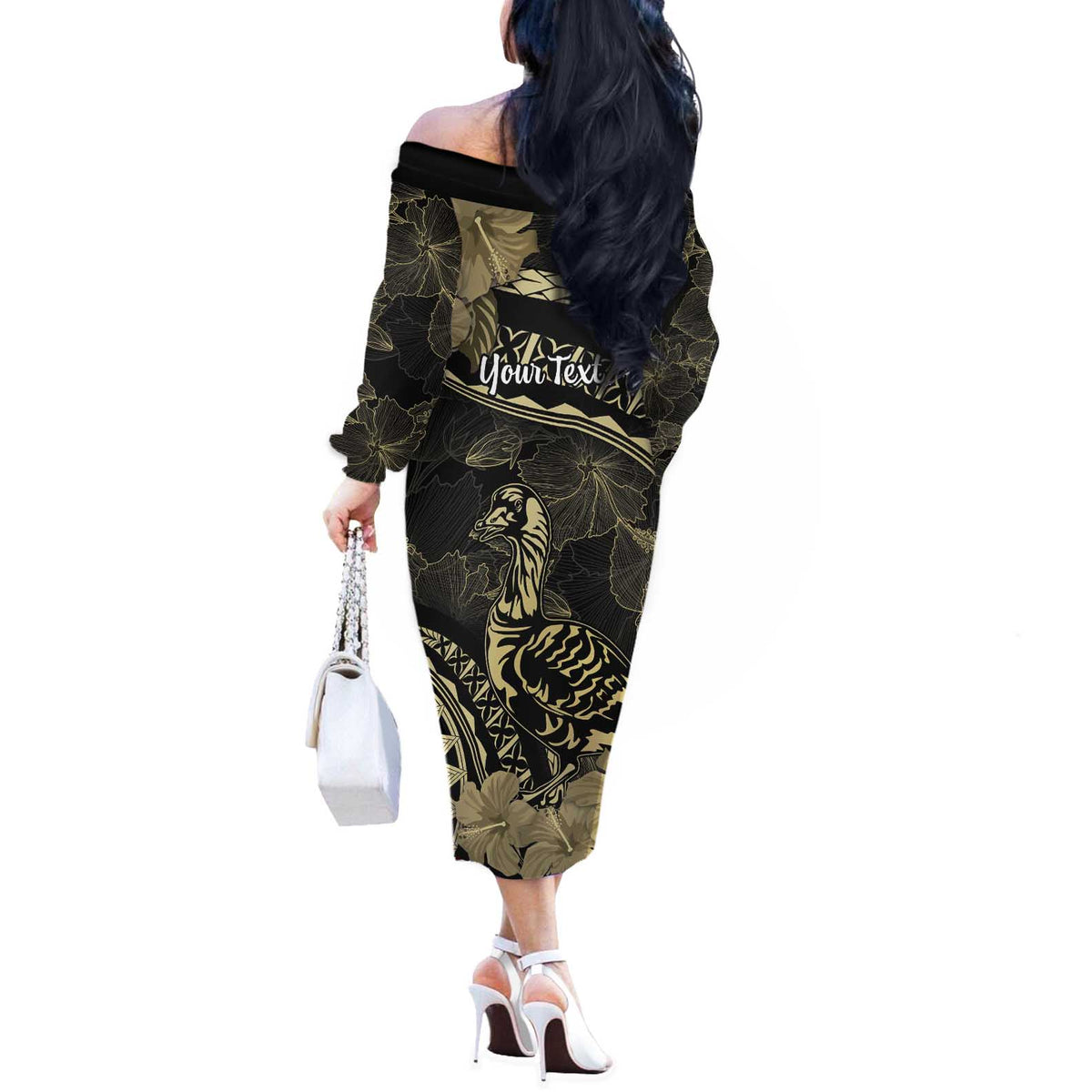Personalised Hawaii Nene Goose Off The Shoulder Long Sleeve Dress Hawaiian Map Hibiscus Polynesian Art - Beige