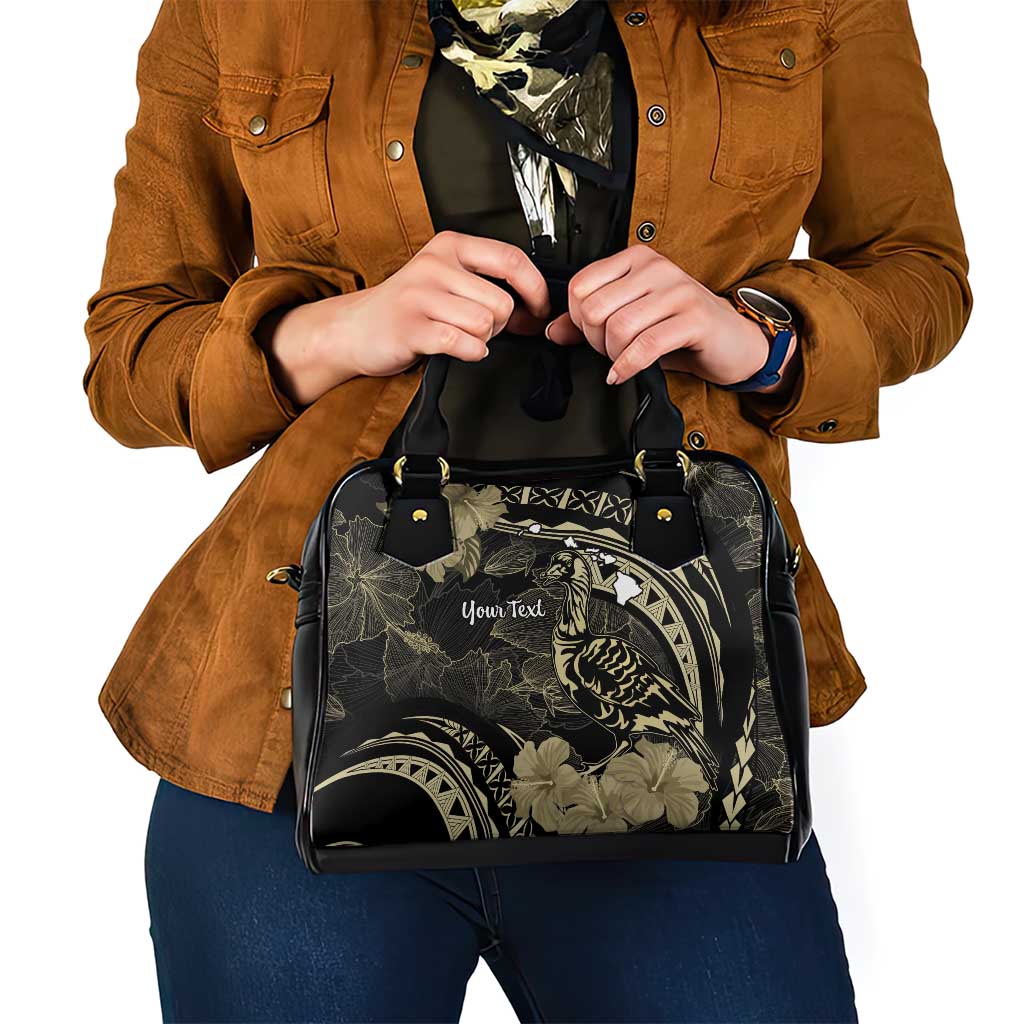 Personalised Hawaii Nene Goose Shoulder Handbag Hawaiian Map Hibiscus Polynesian Art - Beige