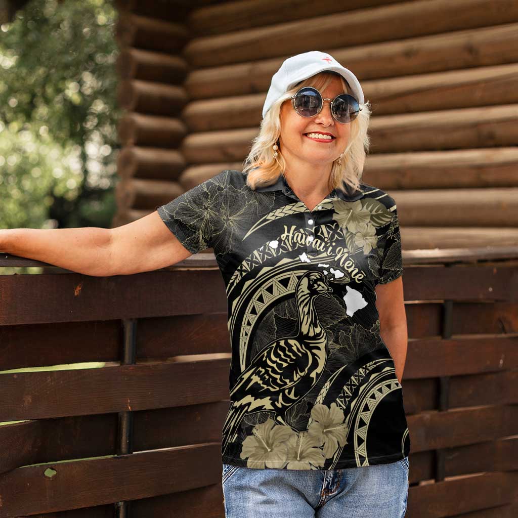 Personalised Hawaii Nene Goose Women Polo Shirt Hawaiian Map Hibiscus Polynesian Art - Beige