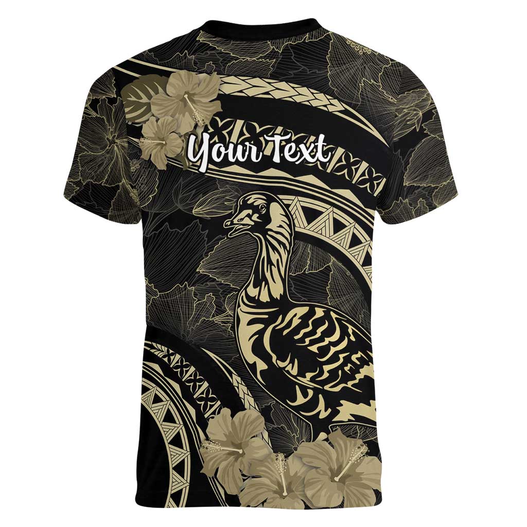 Personalised Hawaii Nene Goose Women V-Neck T-Shirt Hawaiian Map Hibiscus Polynesian Art - Beige LT14 - Polynesian Pride
