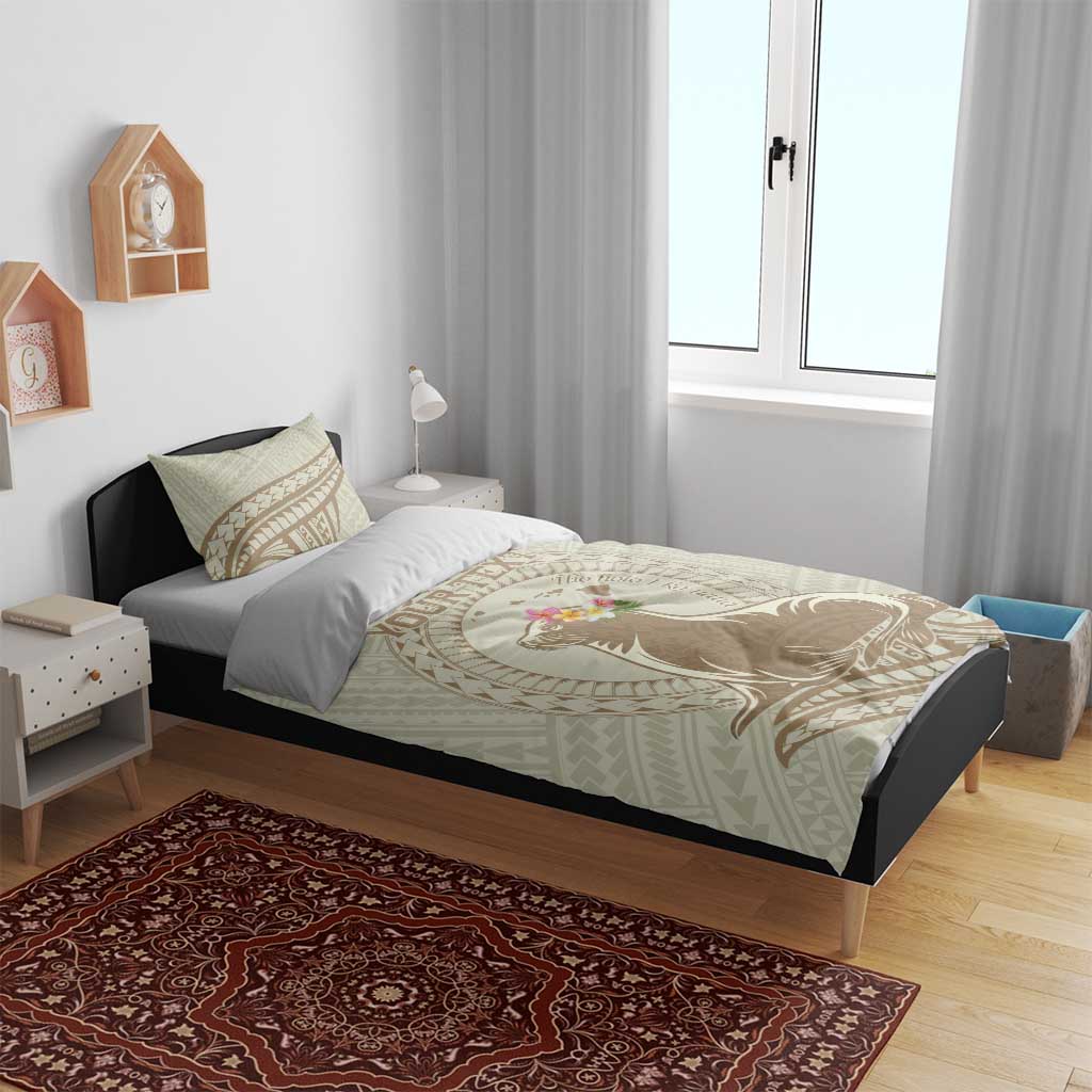 Personalised Hawaii Monk Seal Bedding Set Polynesian Tattoo With Tropical Flowers - Beige Pastel