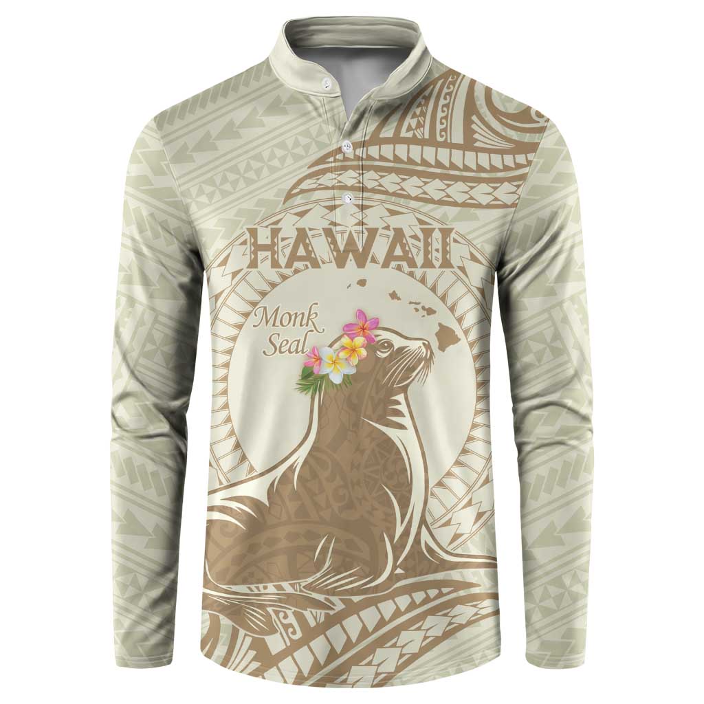 Personalised Hawaii Monk Seal Button Sweatshirt Polynesian Tattoo With Tropical Flowers - Beige Pastel LT14 Beige - Polynesian Pride