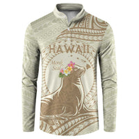 Personalised Hawaii Monk Seal Button Sweatshirt Polynesian Tattoo With Tropical Flowers - Beige Pastel LT14 Beige - Polynesian Pride