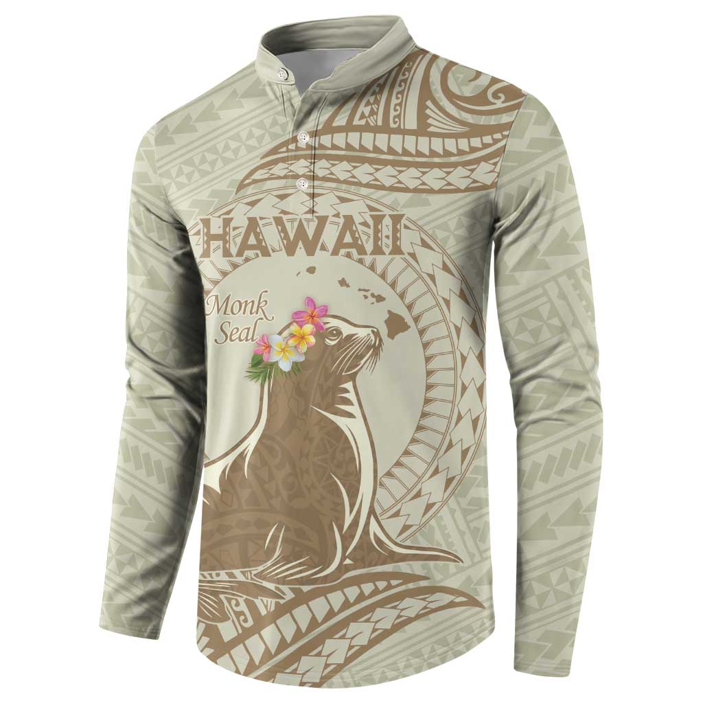 Personalised Hawaii Monk Seal Button Sweatshirt Polynesian Tattoo With Tropical Flowers - Beige Pastel LT14 - Polynesian Pride