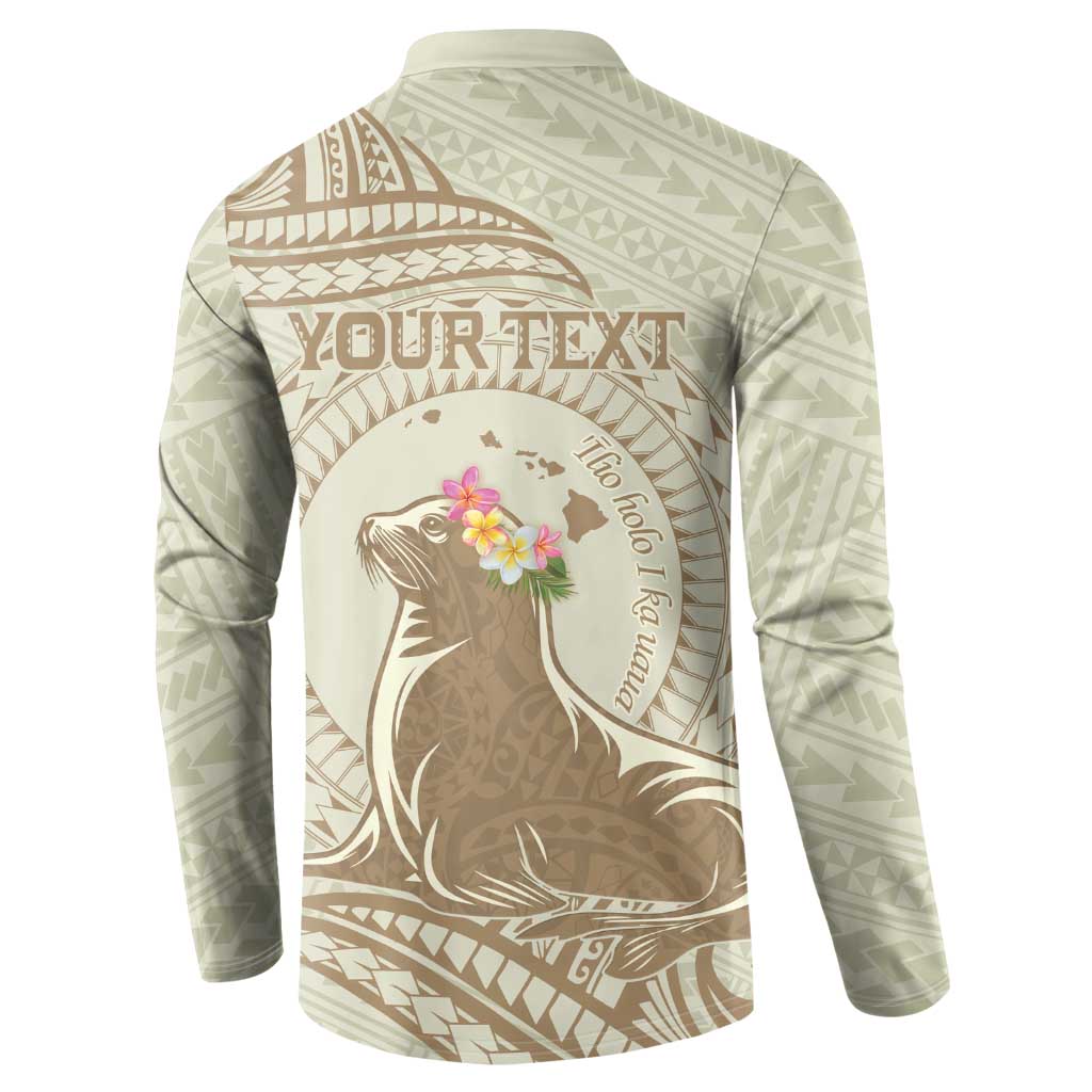 Personalised Hawaii Monk Seal Button Sweatshirt Polynesian Tattoo With Tropical Flowers - Beige Pastel LT14 - Polynesian Pride