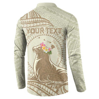 Personalised Hawaii Monk Seal Button Sweatshirt Polynesian Tattoo With Tropical Flowers - Beige Pastel LT14 - Polynesian Pride