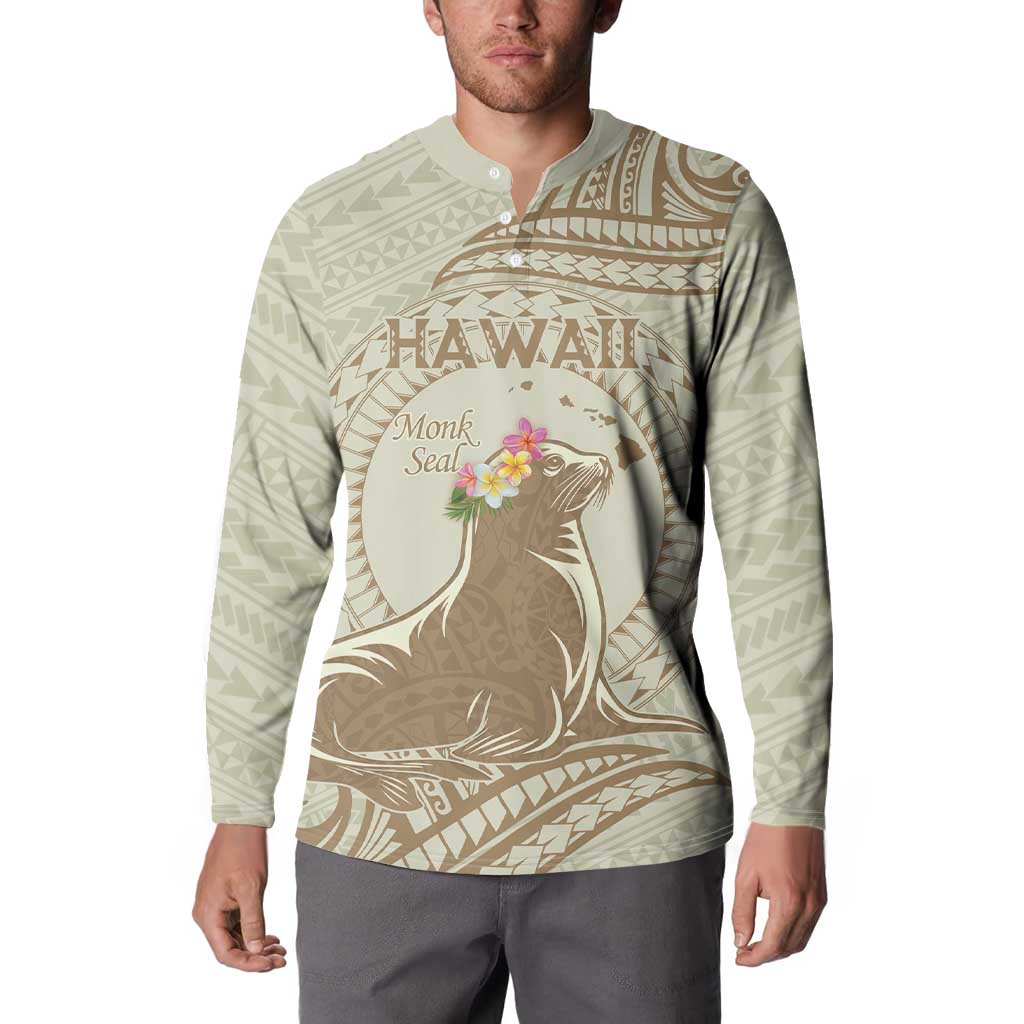 Personalised Hawaii Monk Seal Button Sweatshirt Polynesian Tattoo With Tropical Flowers - Beige Pastel LT14 - Polynesian Pride