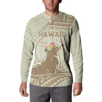 Personalised Hawaii Monk Seal Button Sweatshirt Polynesian Tattoo With Tropical Flowers - Beige Pastel LT14 - Polynesian Pride