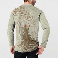 Personalised Hawaii Monk Seal Button Sweatshirt Polynesian Tattoo With Tropical Flowers - Beige Pastel LT14 - Polynesian Pride