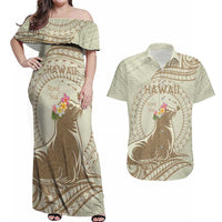 Personalised Hawaii Monk Seal Couples Matching Off Shoulder Maxi Dress and Hawaiian Shirt Polynesian Tattoo With Tropical Flowers - Beige Pastel LT14 Beige - Polynesian Pride