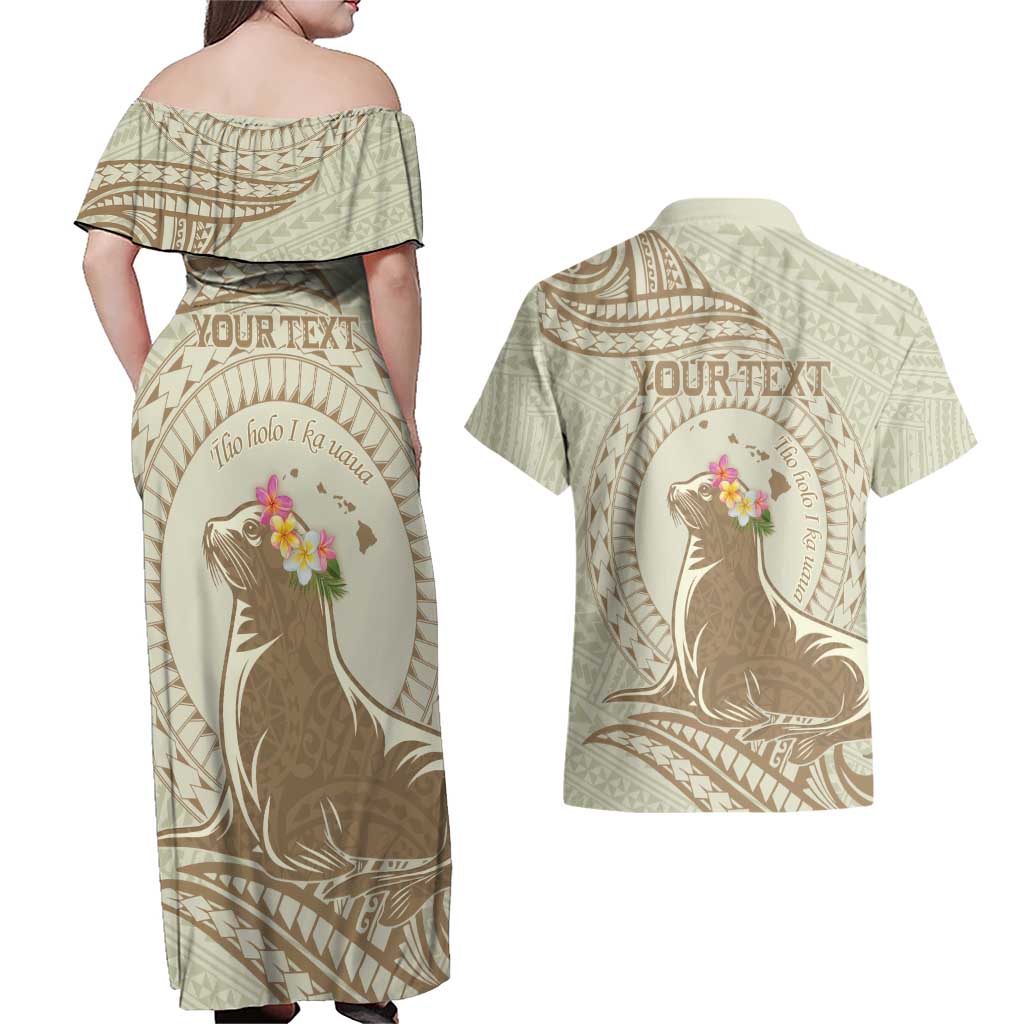 Personalised Hawaii Monk Seal Couples Matching Off Shoulder Maxi Dress and Hawaiian Shirt Polynesian Tattoo With Tropical Flowers - Beige Pastel LT14 - Polynesian Pride