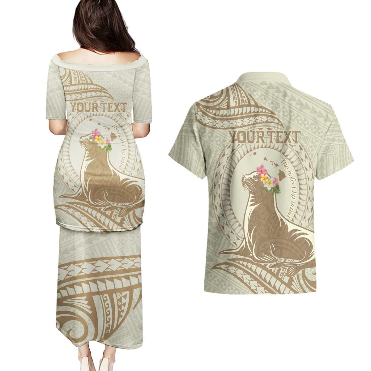 Personalised Hawaii Monk Seal Couples Matching Puletasi and Hawaiian Shirt Polynesian Tattoo With Tropical Flowers - Beige Pastel LT14 - Polynesian Pride