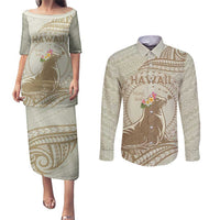 Personalised Hawaii Monk Seal Couples Matching Puletasi and Long Sleeve Button Shirt Polynesian Tattoo With Tropical Flowers - Beige Pastel LT14 Beige - Polynesian Pride