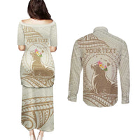 Personalised Hawaii Monk Seal Couples Matching Puletasi and Long Sleeve Button Shirt Polynesian Tattoo With Tropical Flowers - Beige Pastel LT14 - Polynesian Pride