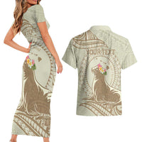 Personalised Hawaii Monk Seal Couples Matching Short Sleeve Bodycon Dress and Hawaiian Shirt Polynesian Tattoo With Tropical Flowers - Beige Pastel LT14 - Polynesian Pride