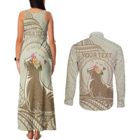 Personalised Hawaii Monk Seal Couples Matching Tank Maxi Dress and Long Sleeve Button Shirt Polynesian Tattoo With Tropical Flowers - Beige Pastel