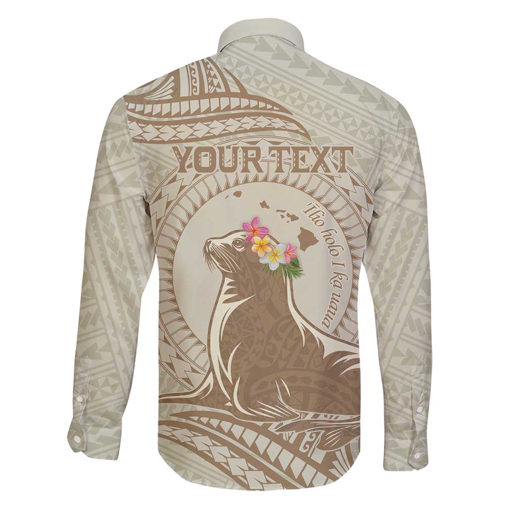Personalised Hawaii Monk Seal Family Matching Long Sleeve Bodycon Dress and Hawaiian Shirt Polynesian Tattoo With Tropical Flowers - Beige Pastel