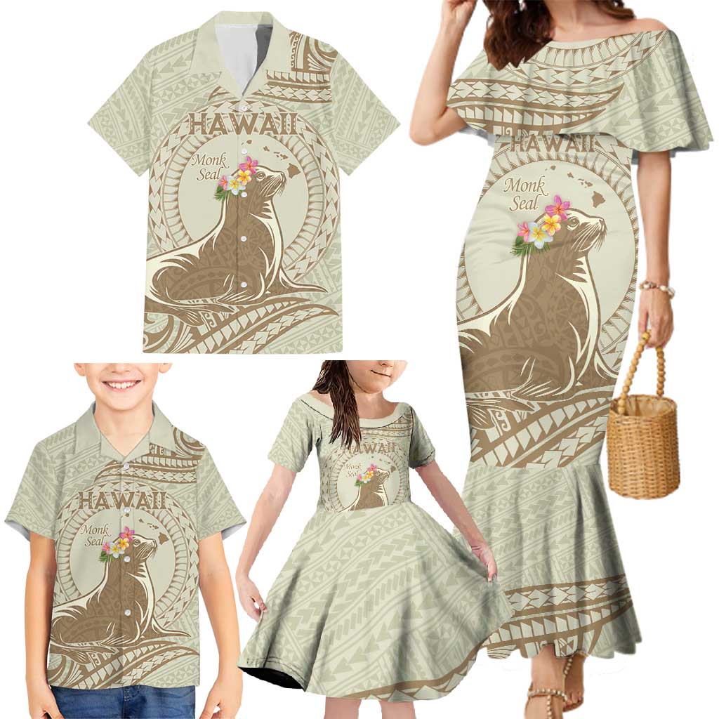 Personalised Hawaii Monk Seal Family Matching Mermaid Dress and Hawaiian Shirt Polynesian Tattoo With Tropical Flowers - Beige Pastel LT14 - Polynesian Pride