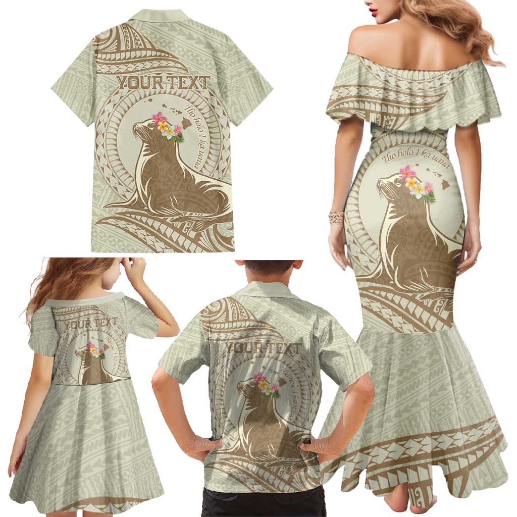 Personalised Hawaii Monk Seal Family Matching Mermaid Dress and Hawaiian Shirt Polynesian Tattoo With Tropical Flowers - Beige Pastel LT14 - Polynesian Pride
