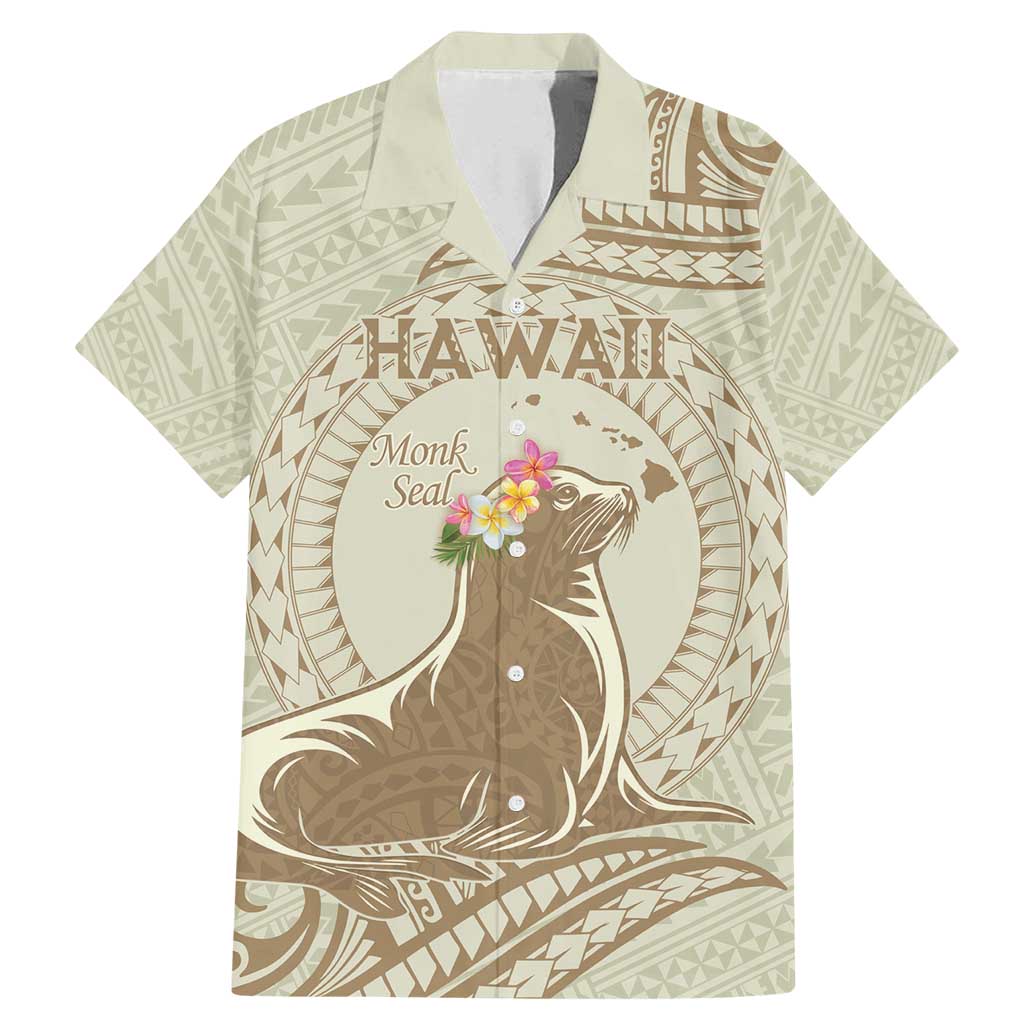 Personalised Hawaii Monk Seal Family Matching Mermaid Dress and Hawaiian Shirt Polynesian Tattoo With Tropical Flowers - Beige Pastel LT14 Dad's Shirt - Short Sleeve Beige - Polynesian Pride