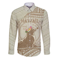 Personalised Hawaii Monk Seal Family Matching Mermaid Dress and Hawaiian Shirt Polynesian Tattoo With Tropical Flowers - Beige Pastel LT14 Dad's Shirt - Long Sleeve Beige - Polynesian Pride