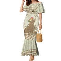 Personalised Hawaii Monk Seal Family Matching Mermaid Dress and Hawaiian Shirt Polynesian Tattoo With Tropical Flowers - Beige Pastel LT14 Mom's Dress Beige - Polynesian Pride