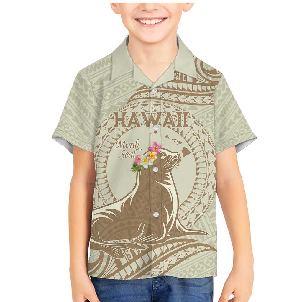 Personalised Hawaii Monk Seal Family Matching Mermaid Dress and Hawaiian Shirt Polynesian Tattoo With Tropical Flowers - Beige Pastel LT14 Son's Shirt Beige - Polynesian Pride
