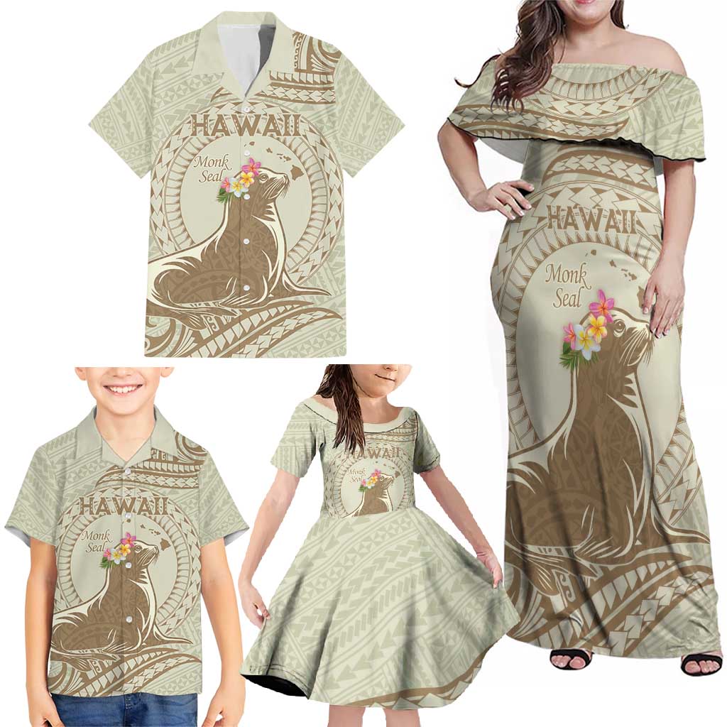 Personalised Hawaii Monk Seal Family Matching Off Shoulder Maxi Dress and Hawaiian Shirt Polynesian Tattoo With Tropical Flowers - Beige Pastel LT14 - Polynesian Pride