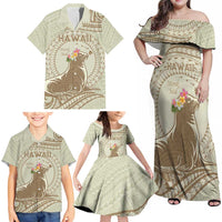 Personalised Hawaii Monk Seal Family Matching Off Shoulder Maxi Dress and Hawaiian Shirt Polynesian Tattoo With Tropical Flowers - Beige Pastel LT14 - Polynesian Pride