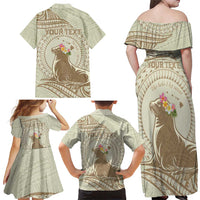 Personalised Hawaii Monk Seal Family Matching Off Shoulder Maxi Dress and Hawaiian Shirt Polynesian Tattoo With Tropical Flowers - Beige Pastel LT14 - Polynesian Pride