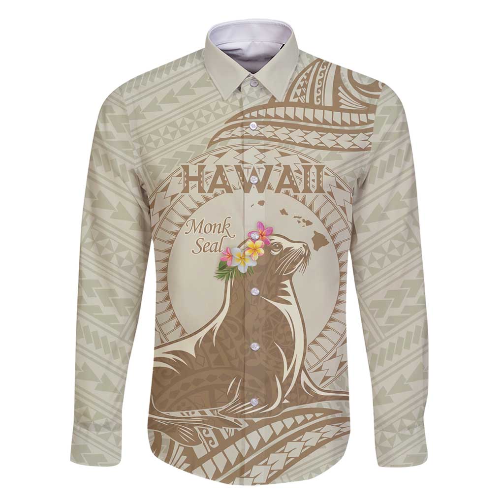 Personalised Hawaii Monk Seal Family Matching Off Shoulder Maxi Dress and Hawaiian Shirt Polynesian Tattoo With Tropical Flowers - Beige Pastel LT14 Dad's Shirt - Long Sleeve Beige - Polynesian Pride