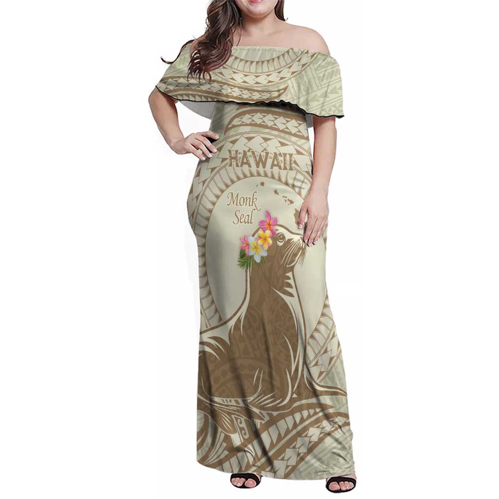 Personalised Hawaii Monk Seal Family Matching Off Shoulder Maxi Dress and Hawaiian Shirt Polynesian Tattoo With Tropical Flowers - Beige Pastel LT14 Mom's Dress Beige - Polynesian Pride