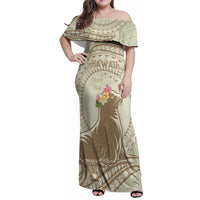 Personalised Hawaii Monk Seal Family Matching Off Shoulder Maxi Dress and Hawaiian Shirt Polynesian Tattoo With Tropical Flowers - Beige Pastel LT14 Mom's Dress Beige - Polynesian Pride