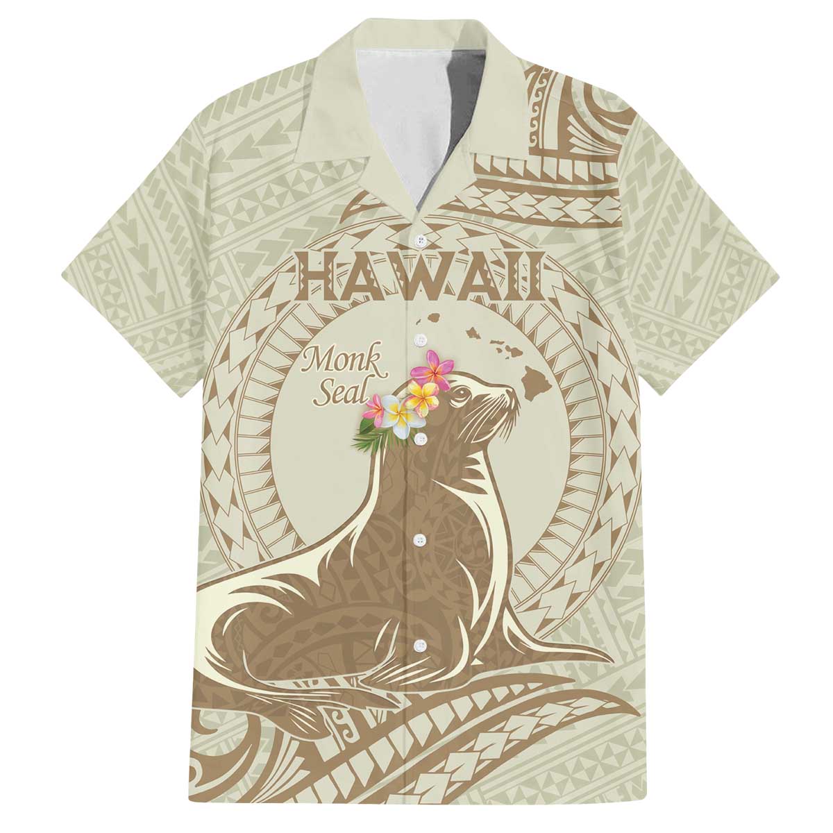 Personalised Hawaii Monk Seal Family Matching Off Shoulder Short Dress and Hawaiian Shirt Polynesian Tattoo With Tropical Flowers - Beige Pastel