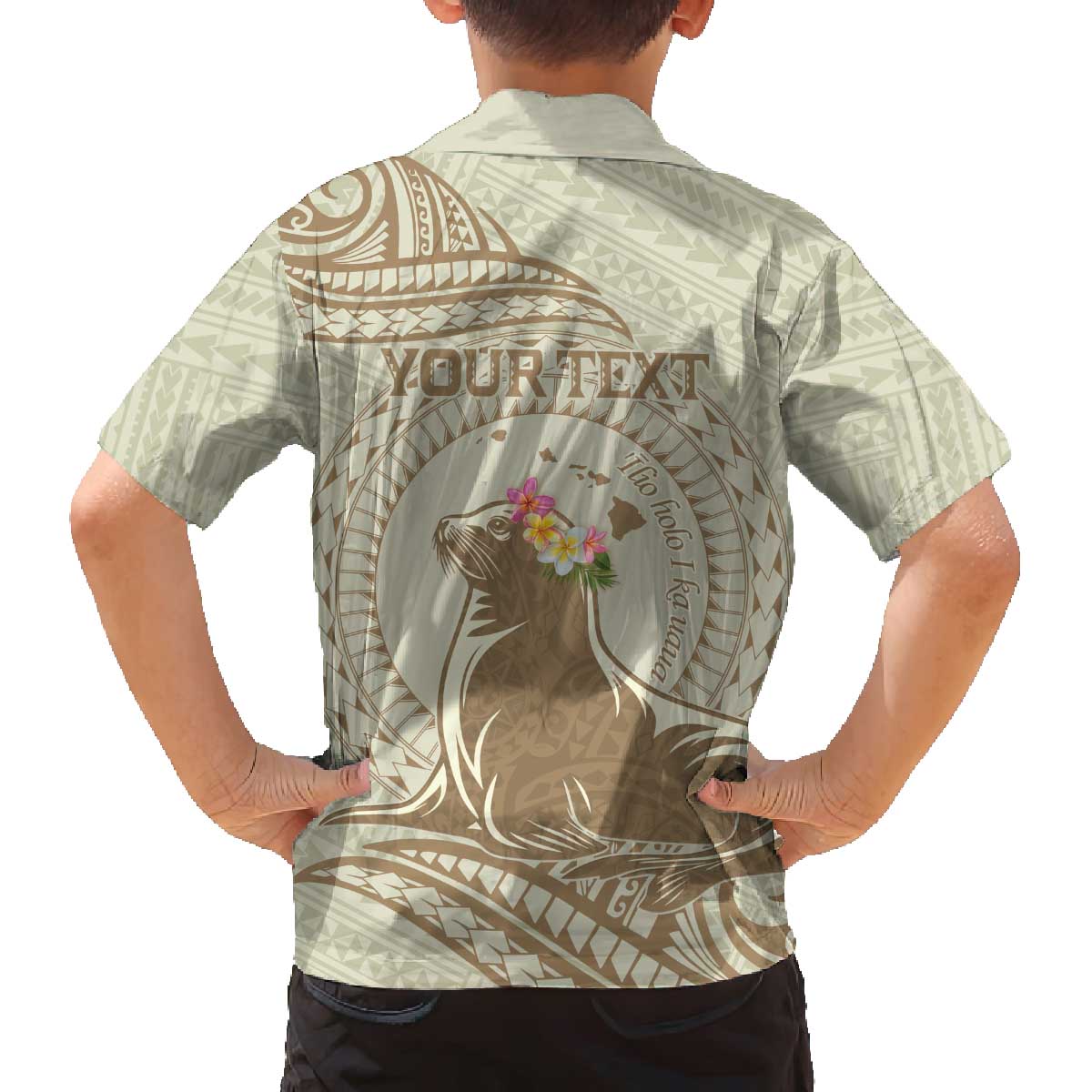 Personalised Hawaii Monk Seal Family Matching Puletasi and Hawaiian Shirt Polynesian Tattoo With Tropical Flowers - Beige Pastel LT14 - Polynesian Pride