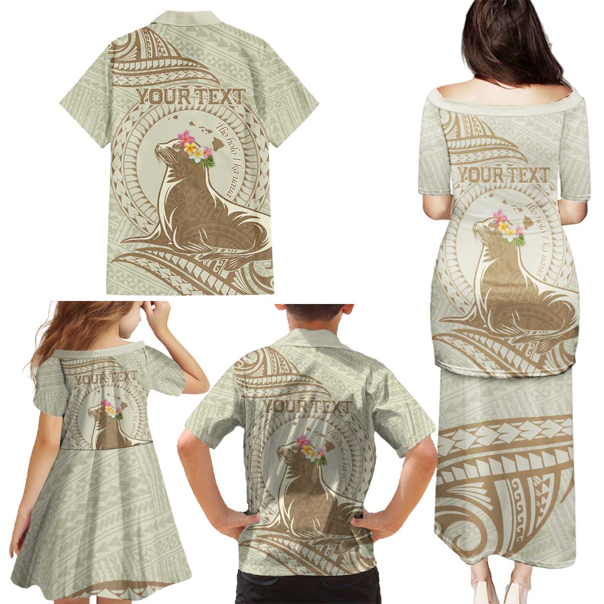 Personalised Hawaii Monk Seal Family Matching Puletasi and Hawaiian Shirt Polynesian Tattoo With Tropical Flowers - Beige Pastel LT14 - Polynesian Pride