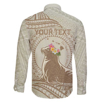 Personalised Hawaii Monk Seal Family Matching Puletasi and Hawaiian Shirt Polynesian Tattoo With Tropical Flowers - Beige Pastel LT14 - Polynesian Pride