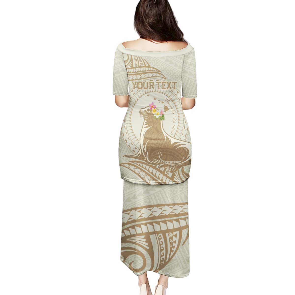 Personalised Hawaii Monk Seal Family Matching Puletasi and Hawaiian Shirt Polynesian Tattoo With Tropical Flowers - Beige Pastel LT14 - Polynesian Pride