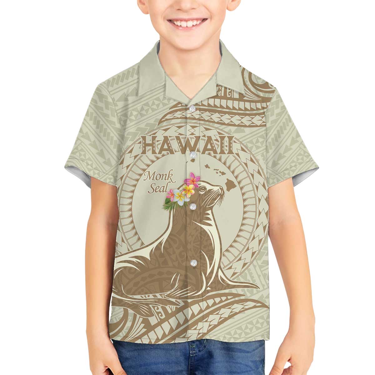 Personalised Hawaii Monk Seal Family Matching Puletasi and Hawaiian Shirt Polynesian Tattoo With Tropical Flowers - Beige Pastel LT14 Son's Shirt Beige - Polynesian Pride