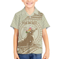 Personalised Hawaii Monk Seal Family Matching Puletasi and Hawaiian Shirt Polynesian Tattoo With Tropical Flowers - Beige Pastel LT14 Son's Shirt Beige - Polynesian Pride