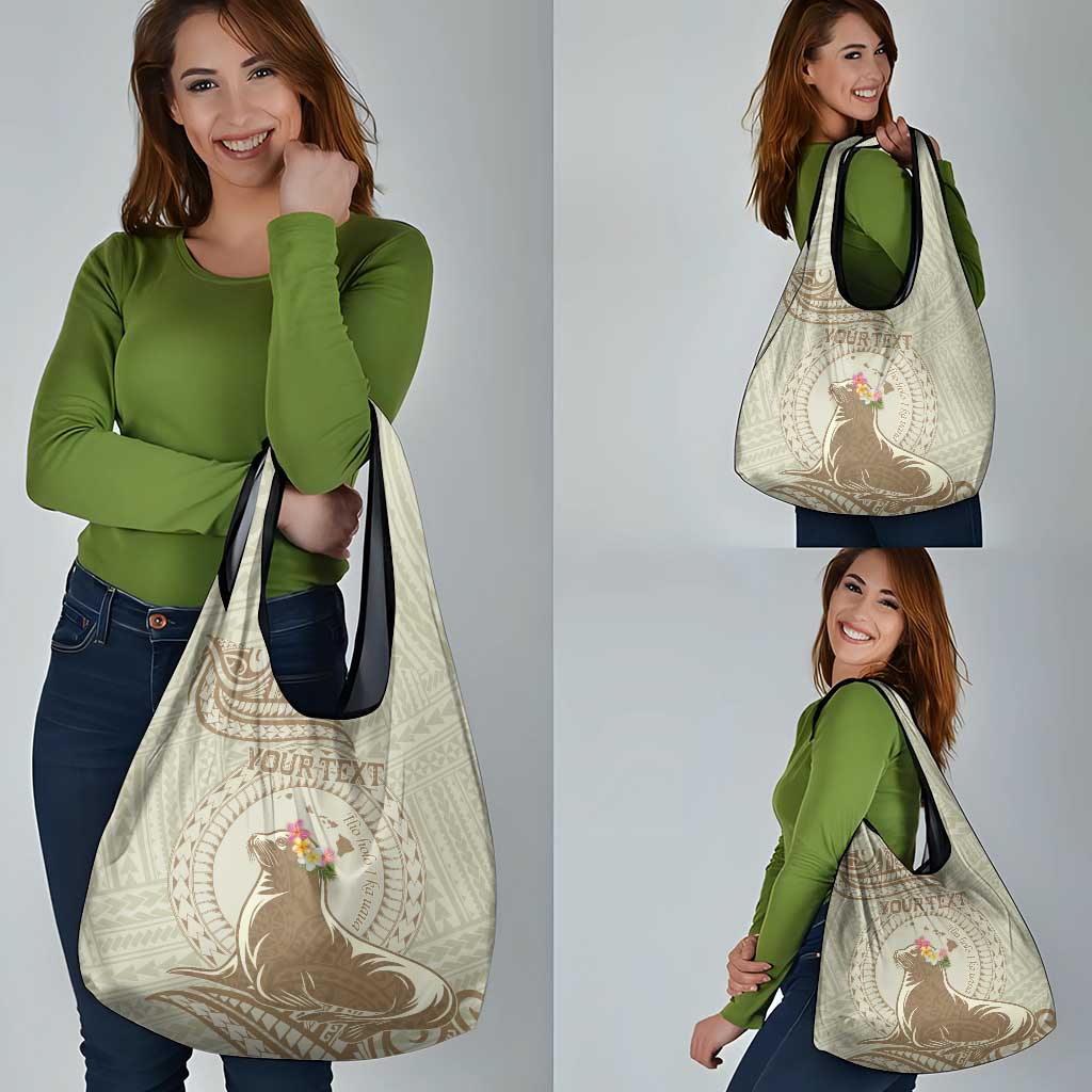 Personalised Hawaii Monk Seal Grocery Bag Polynesian Tattoo With Tropical Flowers - Beige Pastel