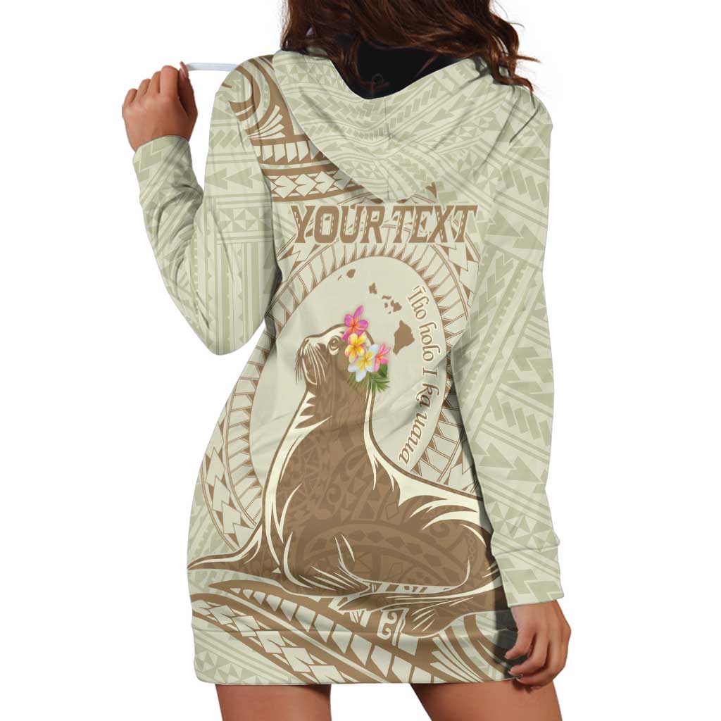 Personalised Hawaii Monk Seal Hoodie Dress Polynesian Tattoo With Tropical Flowers - Beige Pastel LT14 - Polynesian Pride