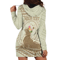 Personalised Hawaii Monk Seal Hoodie Dress Polynesian Tattoo With Tropical Flowers - Beige Pastel LT14 - Polynesian Pride