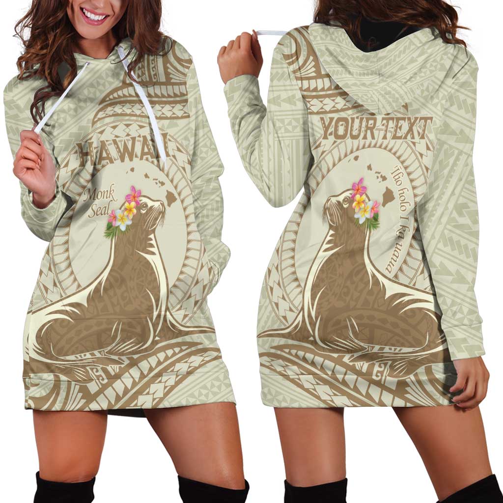 Personalised Hawaii Monk Seal Hoodie Dress Polynesian Tattoo With Tropical Flowers - Beige Pastel LT14 - Polynesian Pride