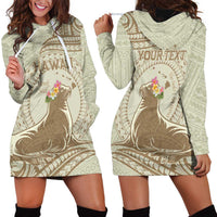 Personalised Hawaii Monk Seal Hoodie Dress Polynesian Tattoo With Tropical Flowers - Beige Pastel LT14 - Polynesian Pride