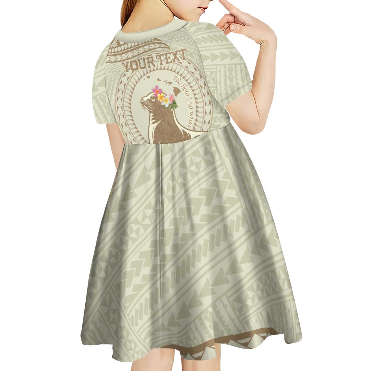 Personalised Hawaii Monk Seal Kid Short Sleeve Dress Polynesian Tattoo With Tropical Flowers - Beige Pastel LT14 - Polynesian Pride